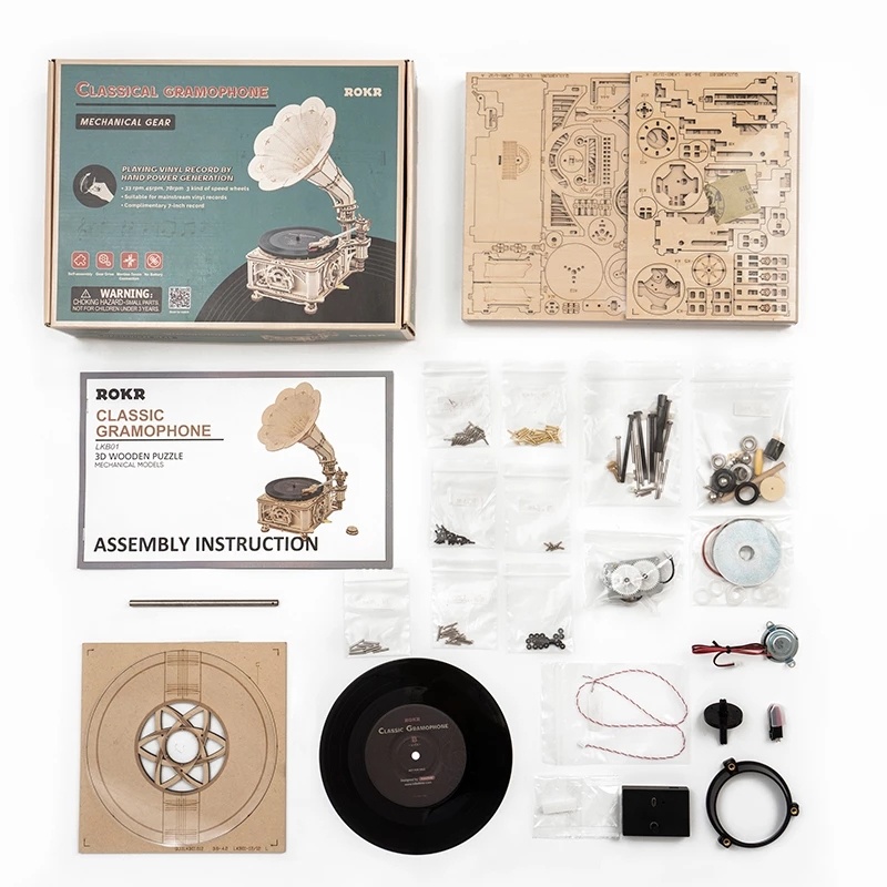 Robotime ROKR DIY Hand Crank Classic Gramophone Wooden Puzzle Model Building Kits Assembly Toy Gift For Children LKB01 - Image 3