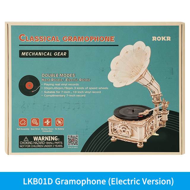 Robotime ROKR DIY Hand Crank Classic Gramophone Wooden Puzzle Model Building Kits Assembly Toy Gift For Children LKB01 - Image 7
