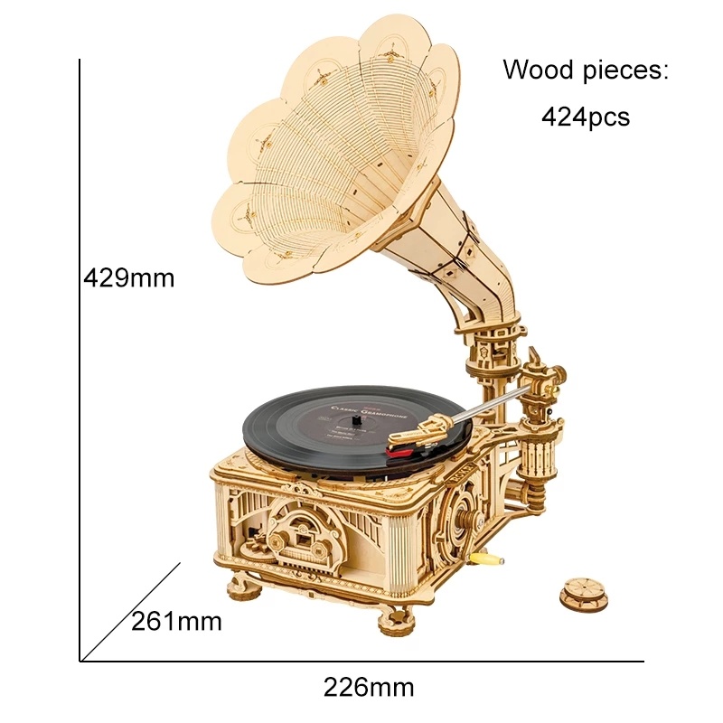 Robotime ROKR DIY Hand Crank Classic Gramophone Wooden Puzzle Model Building Kits Assembly Toy Gift For Children LKB01 - Image 2