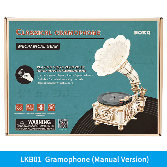 Robotime ROKR DIY Hand Crank Classic Gramophone Wooden Puzzle Model Building Kits Assembly Toy Gift For Children LKB01 - Image 8